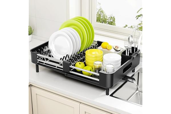 Urackify Extendable Dish Drying Rack, Dual Part Dish Drainers with Non-Scratch and Movable Cutlery Drainer and Drainage Spout