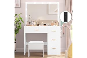 YITAHOME Vanity Desk Set with Large Lighted Mirror & Power Outlet, 3 Color Lighting Modes, Makeup Vanity Table with 4 Drawers, Storage Bench, Bedroom, White