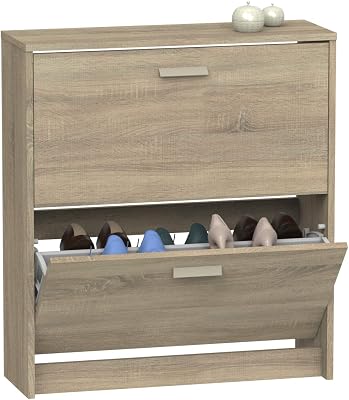 | Zapatero Recibidor Mueble Auxiliar Estrecho 2 Puertas para Entrada Roble Cambrian, 12 Pares de Zapatos, 82x74x25cm, Colección Tibet