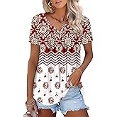 ONLYSHE Womens Summer Short Sleeve Shirts V Neck Tops Casual Tunic Floral Ruffle Blouse