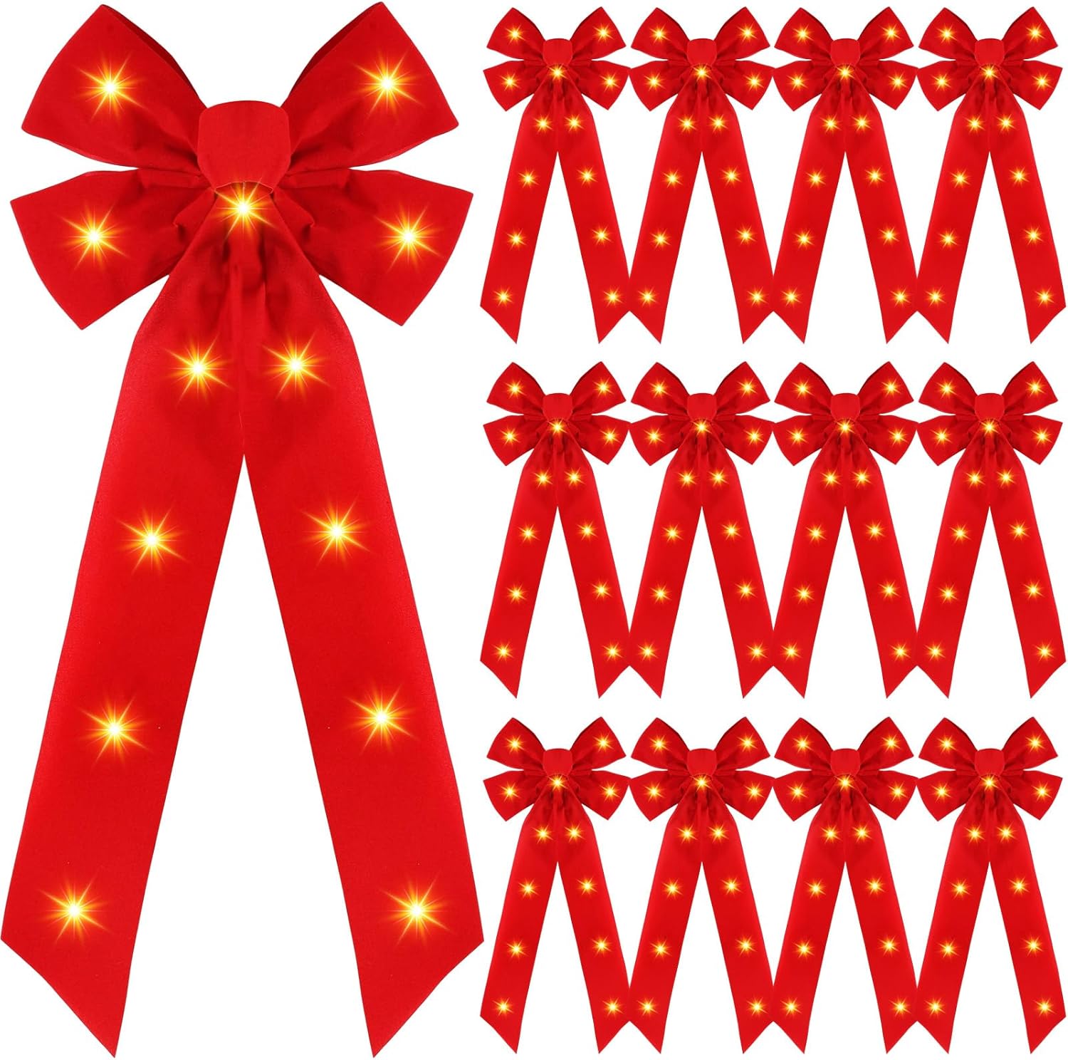 Bows & Ribbons - Crowye 12 pcs Christmas LED Wreath Bow Outdoor Decorations Red Christmas Bows for Wreaths Christmas Velvet Bows Christmas Tree Garland Xmas Decoration (8 x 19 Inches)