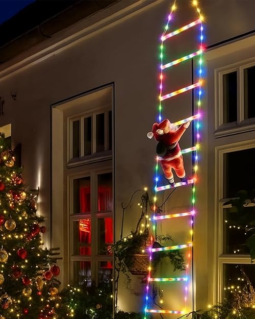 EcoNour Christmas Ladder Lights with Santa Claus - 200 LED Lights, 8 Light Modes, Timer Memory Function, Mains Powered, Indoor Outdoor Garden Tree Christmas Decorations (Multiple Color)