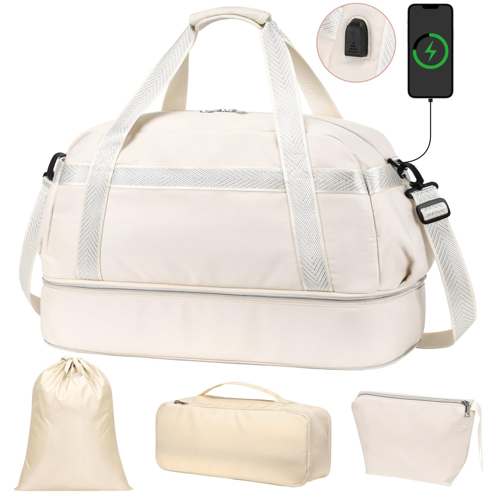 Photo 1 of **MISSING DUFFLE BAG ON BOTTOM OF PIC**Cambond Weekender Bags for Women Travel - Carry on Overnight Bag Travel Duffle Gym Mom Bags with Expandable Shoe Compartment and USB Charging Port, 4 Set with Toiletry Underwear Laundry Bag, Beige