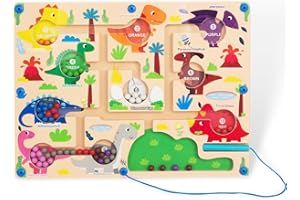 WOODENFUN Magnetic Color & Number Maze, Montessori Wooden Color Matching Learning Counting Puzzle Board, Toddler Fine Motor Skills Toys for Boys Girls 3 4 5 Years Old - Dinosaur