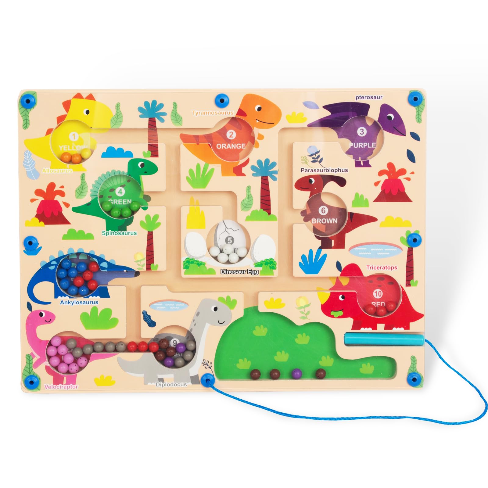 WOODENFUN Montessori Toy Magnetic Game Pearl Maze Magnetic Toy Colour Matching Learning Counting Puzzle Classification Board 3 Years (Dinosaur)