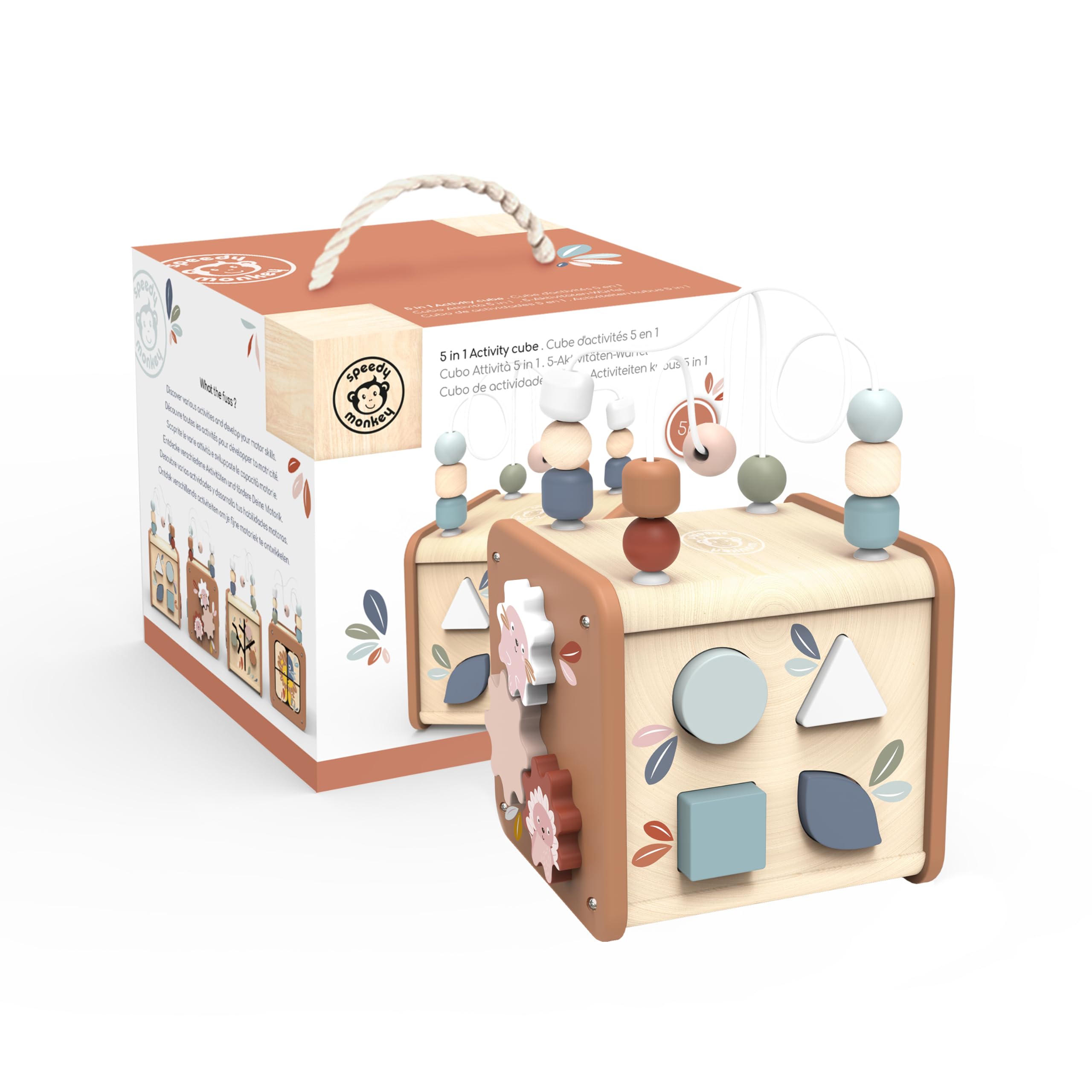 Speedy Monkey 5 in 1 Activity Cube - Amazing Montessori Toys for 1 Year Old - Toddler Toys with Bead Maze, Shape Sorter, Gears, Puzzle & More! FSC Certified Wood, Non Toxic Paint - 1 Year Old Boy Toys