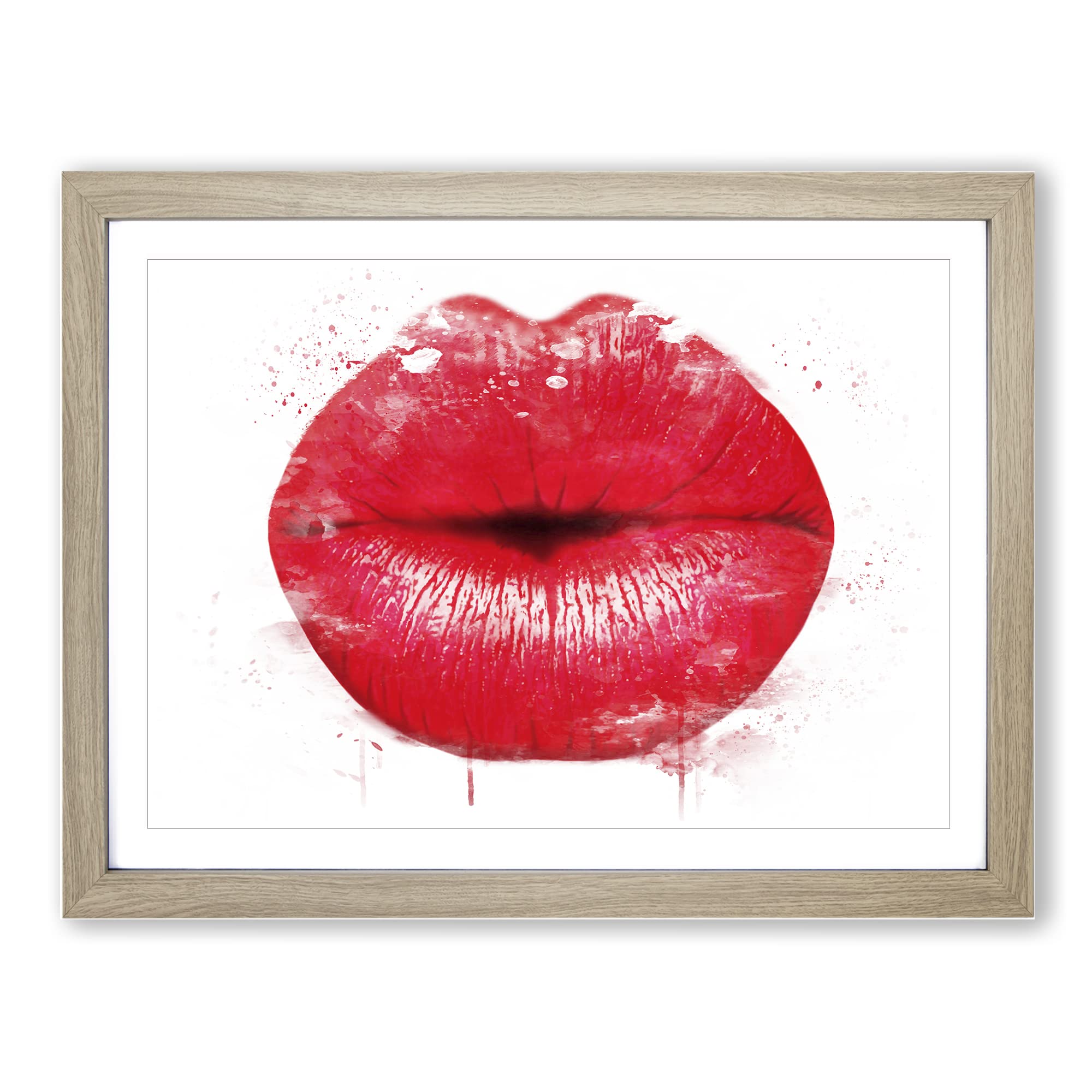 Red Lips Kiss V3 Modern Framed Wall Art Print, Ready to Hang Picture for Living Room Bedroom Home Office Décor, Oak A4 (34 x 25 cm)