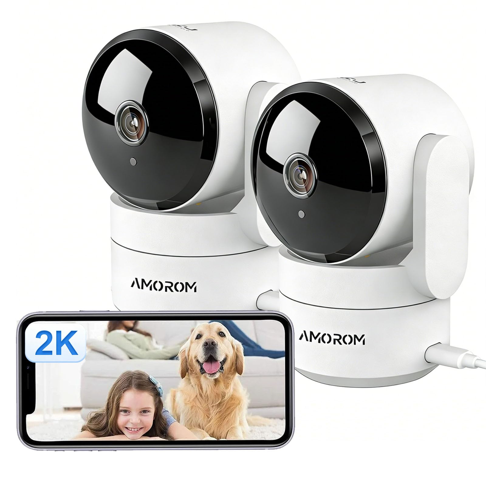 AMOROM 2K Indoor Security Wifi Camera with AI Custom Alerts, Pet Dog Cameras with App, Motion Detection, Pan/Tilt, Night Vision, Privacy Mode, Works with Alexa, 2.4GHz Wifi, 2 Pack