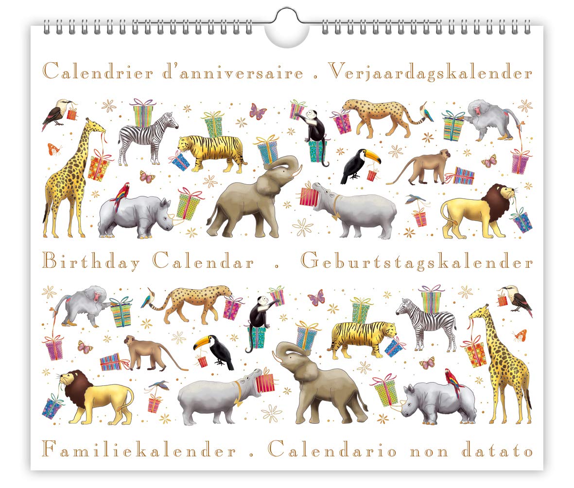 Quire Collections Birthday Calendar - Safari Animals Design - Beautifully Embossed with Gold and Silver Foil - Size 225mm x 195mm,Multicoloured
