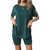 Ekouaer Women's 2 Piece Lounge Set 2026 Summer Biker Shorts Set Outfits Short Sleeve Oversized Top Matching Tracksuit Lake Green M