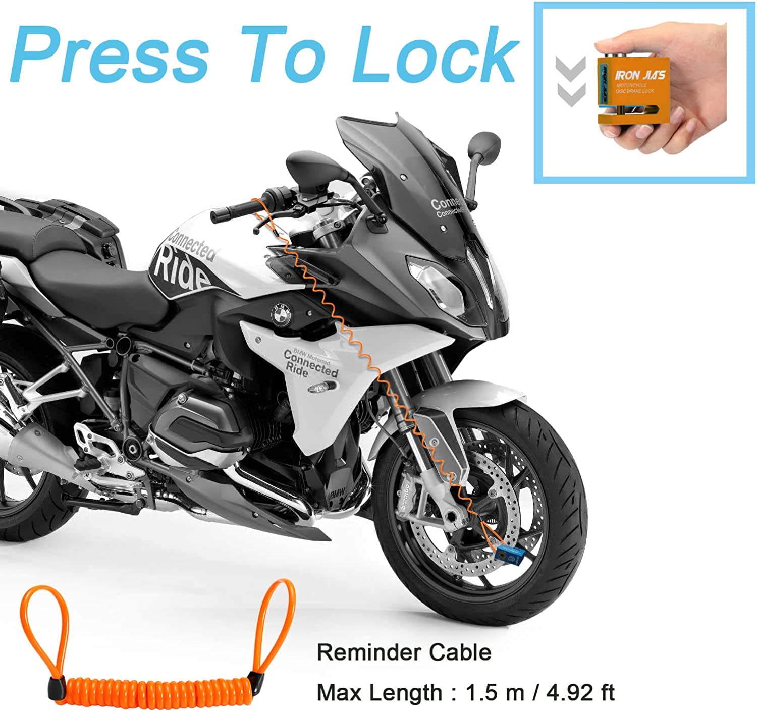 Motorcycle Disc Lock Anti-Theft Wheel Brake Lock Waterproof Alloy with Reminder Cable and 2 Keys, Alarm-Free for Motorbike, E-Scooter, Mountain Bike