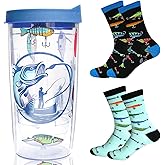 Valentine's Day Fishing Cup Gifts for Men, 14OZ Double Walled Insulated Tumbler, Travel Cup with 2 Pairs Socks, Reusable Coffee Mug Keeps Drinks Cold & Hot, Birthday Gift for Boys, Dad, Husband