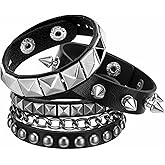 Grevosea 3 Pcs Spiked Bracelets, Punk Studded Bracelet Adjustable Leather Cuff Bracelet for Men Women 80s 90s Emo Jewelry Halloween Goth Accessories