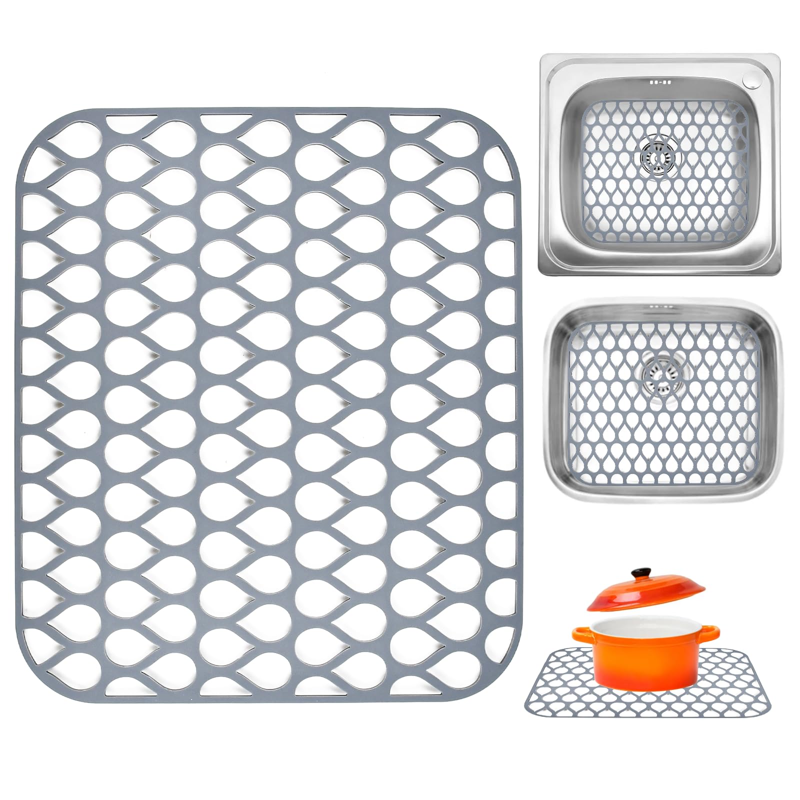 KYYGKY Silicone Kitchen Sink Mat Sink Protectors Anti-Slip Sinks Drainer Mats Folding Dish Drying Mats Counter Protector Non Slip Drainer Grid Mat Pads for Stainless Steel Sinks, Grey, 34.5 x 29.5cm
