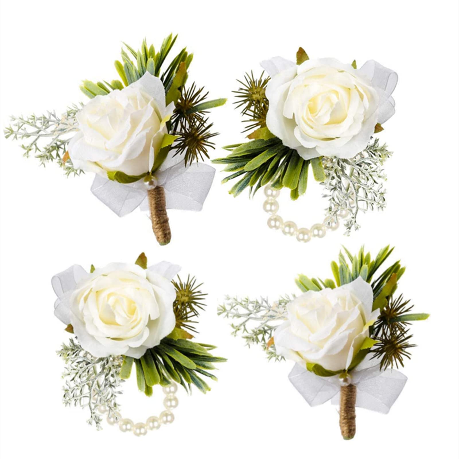 Aliangting 4 Pcs White Rose Ladies Wrist Flower and Men's Buttonhole Corsage Suitable for Bride and Bridesmaid Wedding Prom