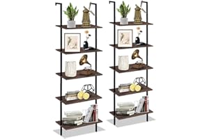 Wolawu 5 Tiers Ladder Shelf 2-Piece Black Modern Tall Bookshelf Open Large Tall Wall Mount Storage Bookcase Standing Leaning 