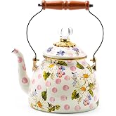 MACKENZIE-CHILDS Tea Kettle, 2 Quarts, Pink Wildflowers | Hand-painted design, made from enameled steel with a wooden handle, ideal for serving coffee, tea, and other hot beverages
