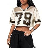 Jersey Shirts for Women Y2k Graphic Number Tees Hip Hop V Neck Short Sleeve Mesh Crop Top Baggy Streetwear T Shirt Tops