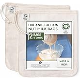 Quality Nut Milk Bags for Straining Almond Milk - 2 Pack Unbleached Organic Cotton - 12" x 12" Reusable Juice Oat Milk Cold B