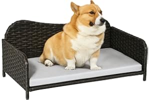 PawHut Rattan Pet Sofa for Large & Medium Dogs, Indoor & Outdoor Raised Wicker Dog Bed, Cat Couch, with Soft Washable Cushion