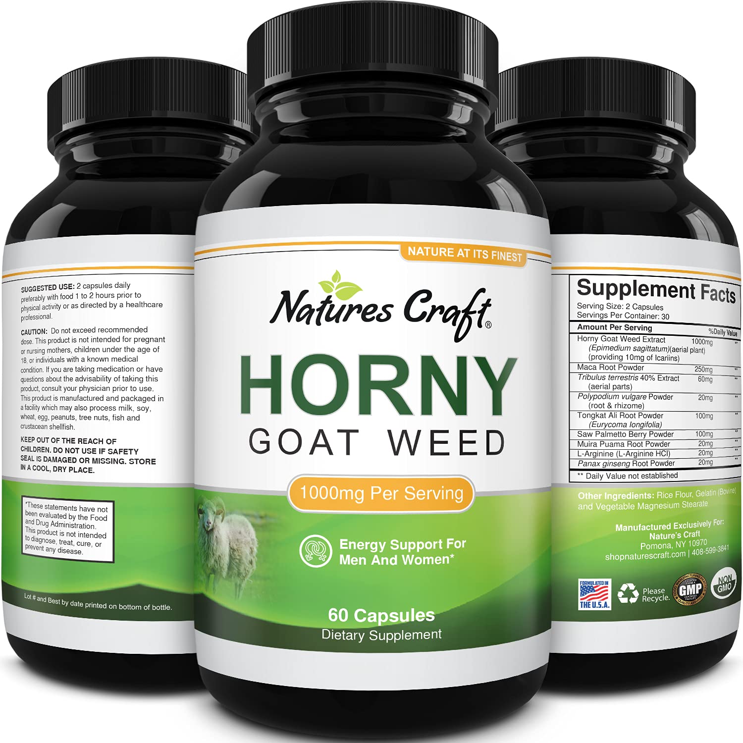 Horny Goat Weed Herbal Complex Extract for Men and Women – Performance Maca Root Tongkat Ali Powder – 1000mg Pure Dosage Capsules – Energy Stamina Ginseng by Natures Craft