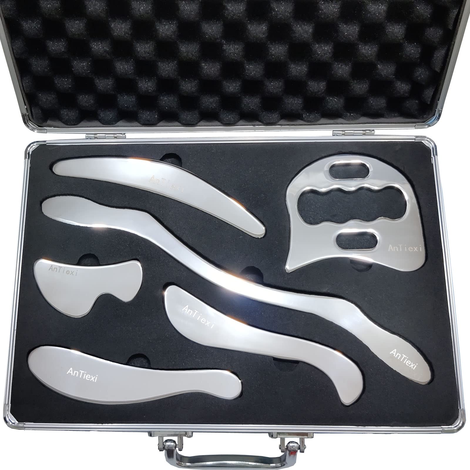 Stainless Steel Gua Sha Scraping Massage Tool Set - IASTM Tool Set- Muscle Scraper Great Soft Tissue Mobilization Tool Physical Therapy (AnTiexi02-6set)