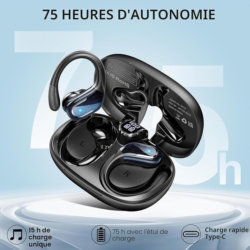 Ecouteurs Bluetooth sans Fil Sport, 75Hrs Écouteurs Bluetooth 5.4 avec Stéréo HiFi, 2026 Oreillette sans Fil avec 4 ENC Appel Réduction Antibruit Mic, IP8 Étanche oreillette bluetooth pour Android/iOS — photo 3 sur 7