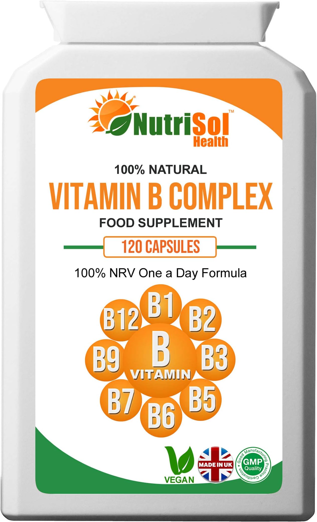 NutriSol Health Daily Vitamin B Complex Min 100% NRV 120 Capsules (not Tablets) | Suitable for Vegetarians and Vegans | UK Manufactured | GMP Quality Food Supplement