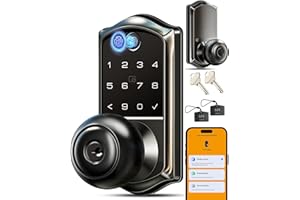 Veise VE018 Smart Knob Handle Lock - Fingerprint, App Control, Keyless Entry for Front Door and Bedroom, Electronic Digital Keypad, Auto Lock, Remote Access Sharing, IP55 Weatherproof, Matte Black