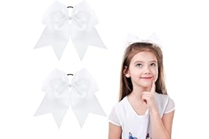 WILLBOND 2 Packs Jumbo Cheerleading Bow 8 Inch Large Cheer Hair Bows with Ponytail Holder for Teen Girls Softball Outfit Uniform(White)
