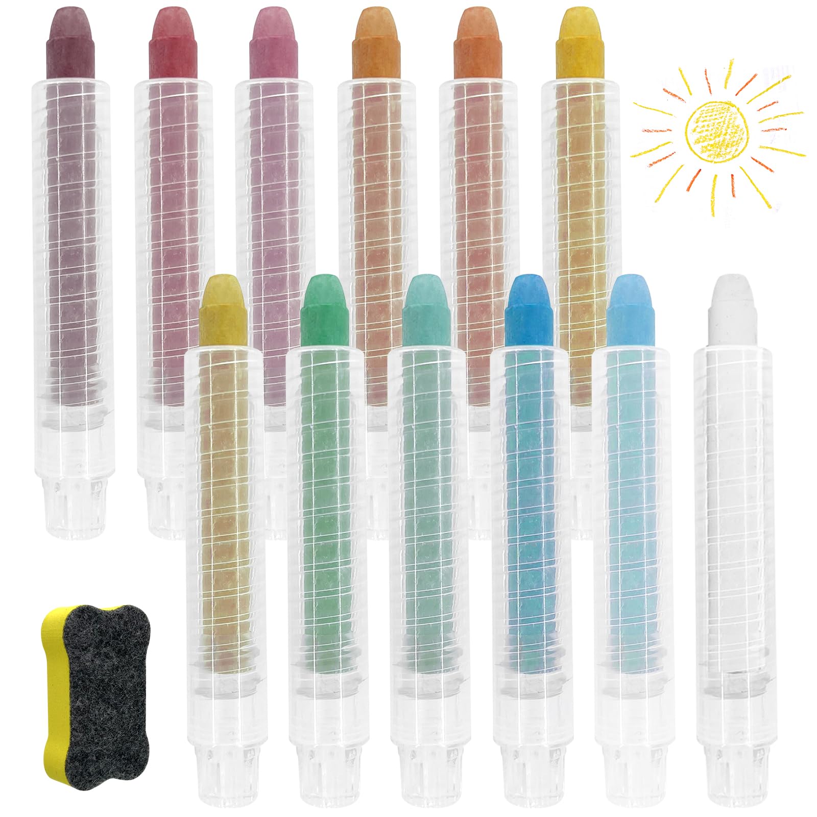 Sheryl&Rain 12Pcs Dustless Chalk with 12PCS Adjustable Chalk Holders, Dust Free Chalk with 1 Sponge Eraser, Washable Colored Chalks for Teachers Office