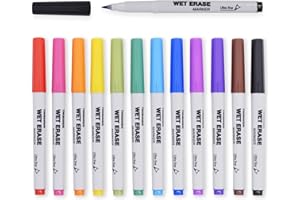 TWOHANDS Wet Erase Markers Ultra Fine Tip,0.7mm,Low Odor,Extra Fine Point,12 Assorted Colors,Whiteboard Markers for Office,Ho