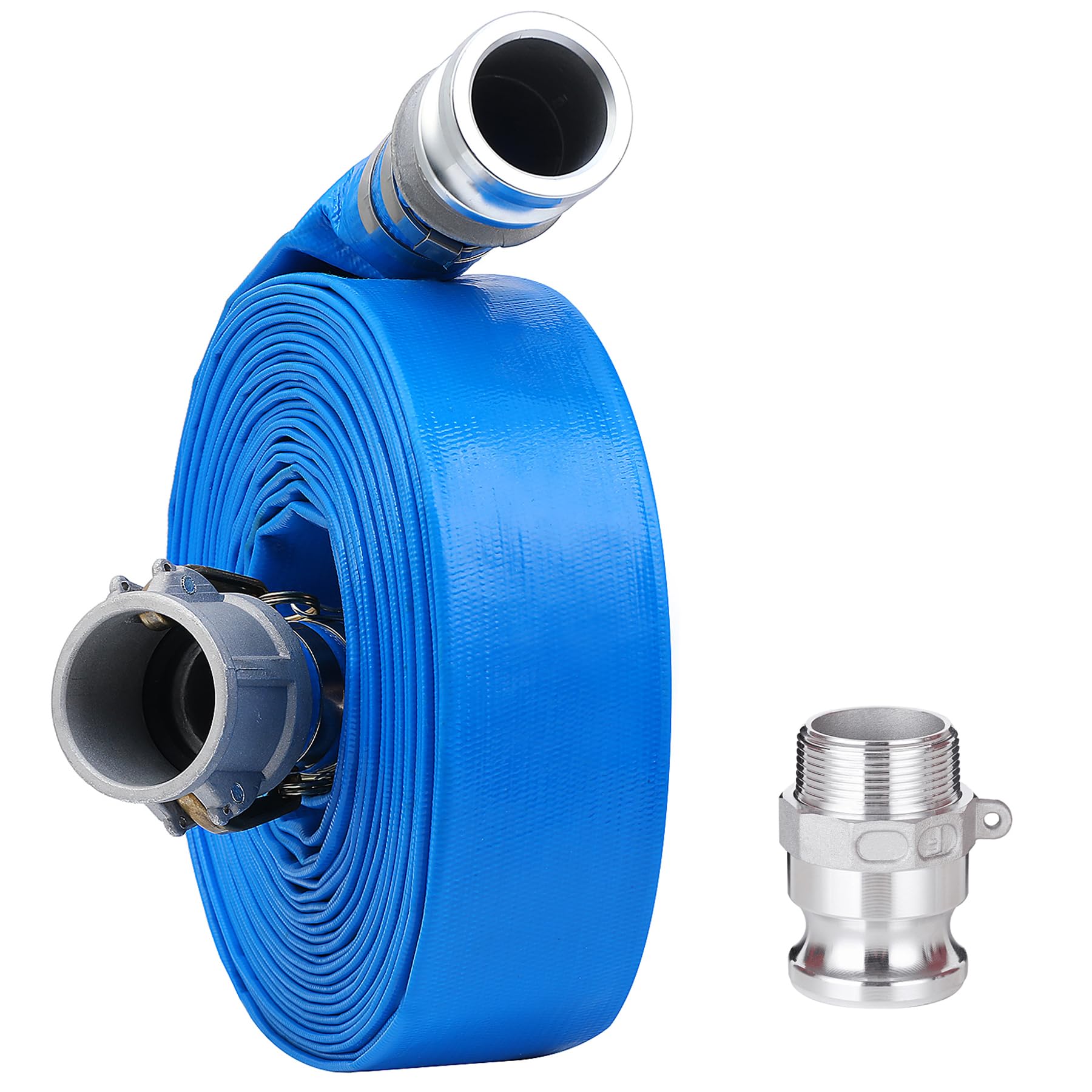 Photo 1 of 1-1/2" x 100ft PVC Lay Flat Discharge Hose With Aluminum Camlock C & E Fittings, Cam Lock Fitting Type F included, Heavy Duty Reinforced Pump Backwash Hose Assembly