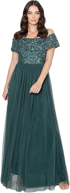 Vestido Maxi Decorado de Dama de Honor Maya Bardot, Verde Esmeralda, 46 para Mulheres