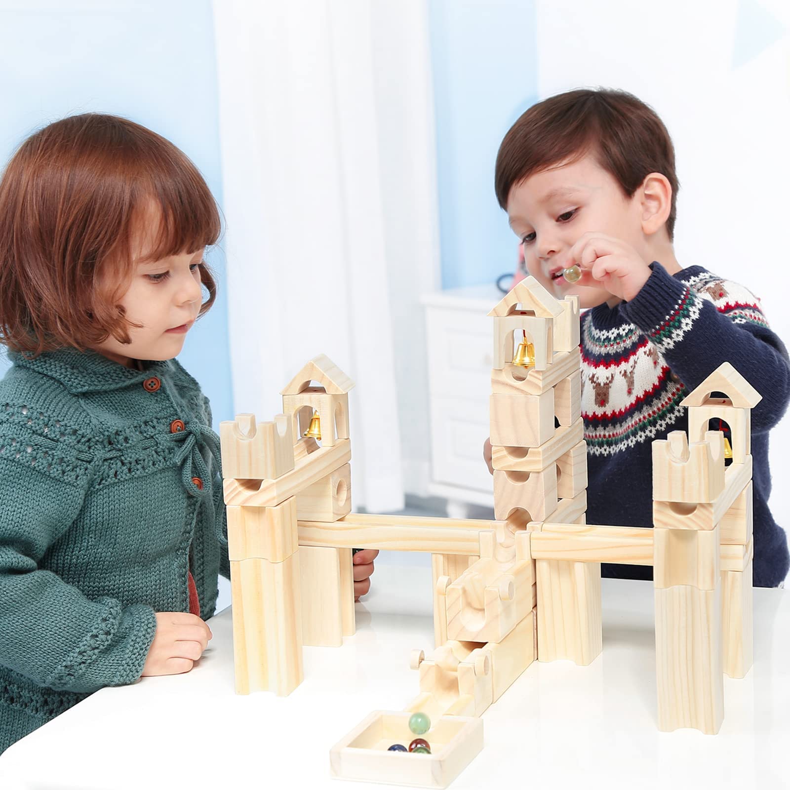 Wooden Marble Run for Kids Ages 4-8, 65 Pieces Wood Building Blocks Toys and Construction Play Set, Marble Track Maze Game STEM Learning Toys for Boys Girls (Natural Color Blocks)