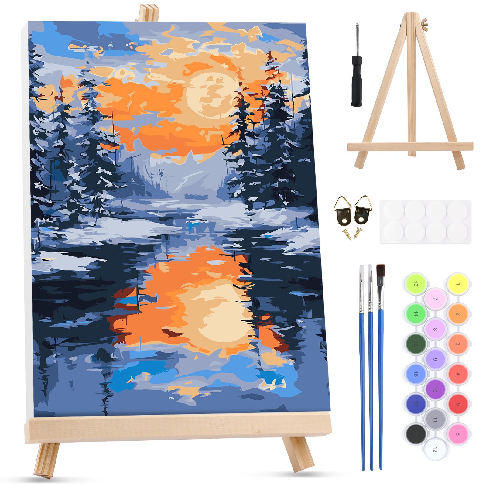 MXJSUA Snowy Landscape Paint by Numbers Kit with Frame for Adults, Easy Beginners Paint by Number on Canvas with Easel, Acrylic Number Painting Craft Gifts for Home Decor, 20x30cm