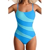 EVOCRCO Women's One Piece Swimsuits Tummy Control Color Block Bathing Suit Square Neck Swim Suit Slimming Swimwear