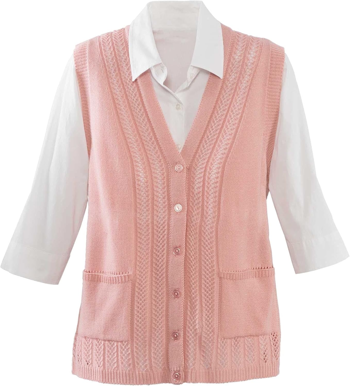 National Classic Sweater Vest - Pointelle Knit Detail, Button-Front & Patch Pockets at  Women’s Clothing store