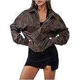 Milumia Women's Faux Leather Bomber Jacket Zip Up Collared Long Sleeve Oversized Coats