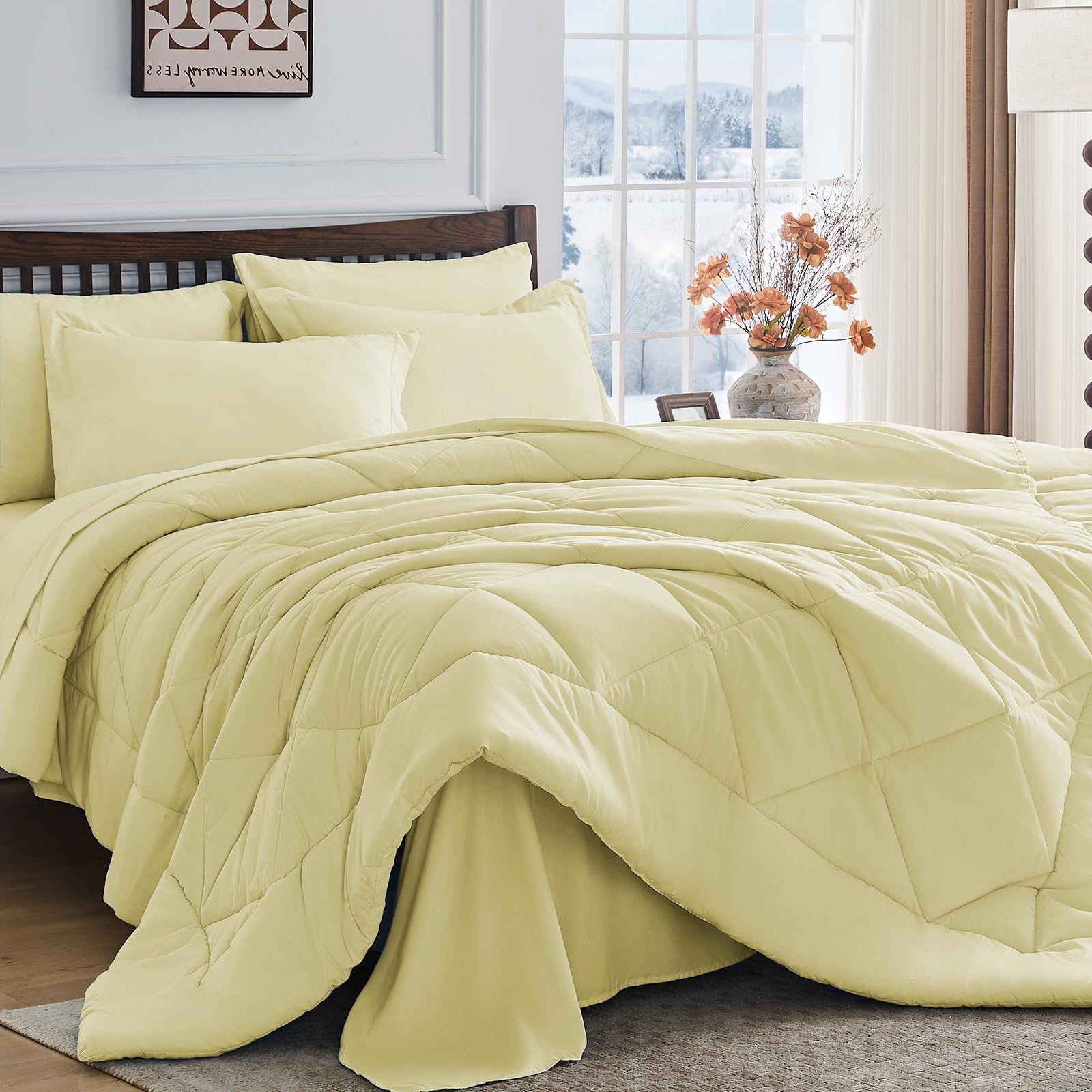 HEVUMYI Cream Yellow Full Comforter Set - 7-Piece All Season Bed in a Bag Full, Ultra Soft Bedding Set with Comforter, Flat Sheet, Fitted Sheet, Pillowcases, Pillow Shams Image