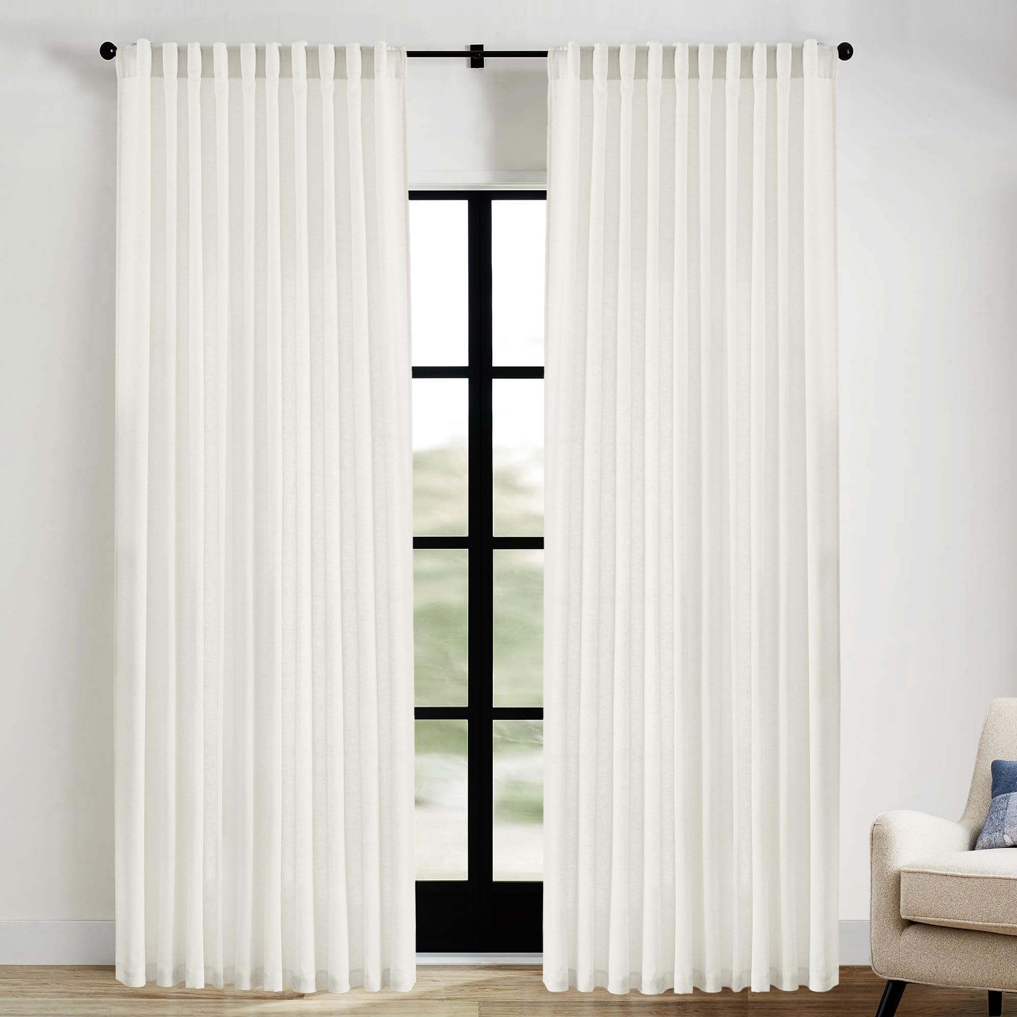 Photo 1 of XTMYI Extra Wide Curtains 70 in Width for 72 Inch Window,Pleated Back Tab Linen Semi Sheer Full Length Curtains for Living Room Sliding Glass Door 2 Panel Set,72x90,70x90,6FT x 90 Inches Long,Cream
