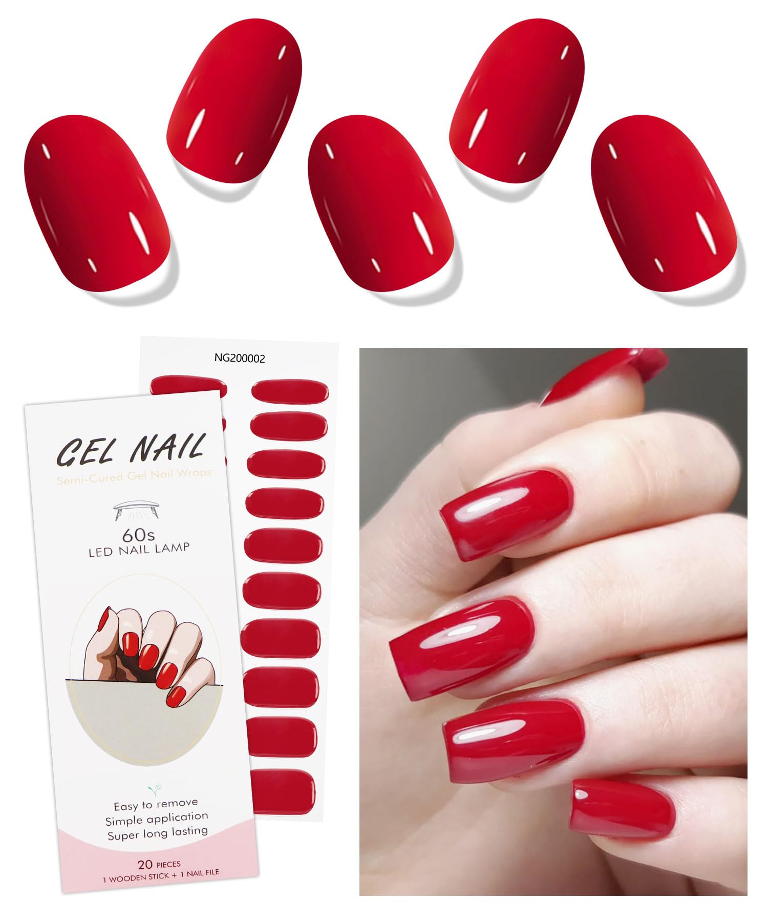 JMEOWIO Semi Cured Gel Nail Strips Bright Red Gel Nail Stickers Nails Art Design Decoration Accessories