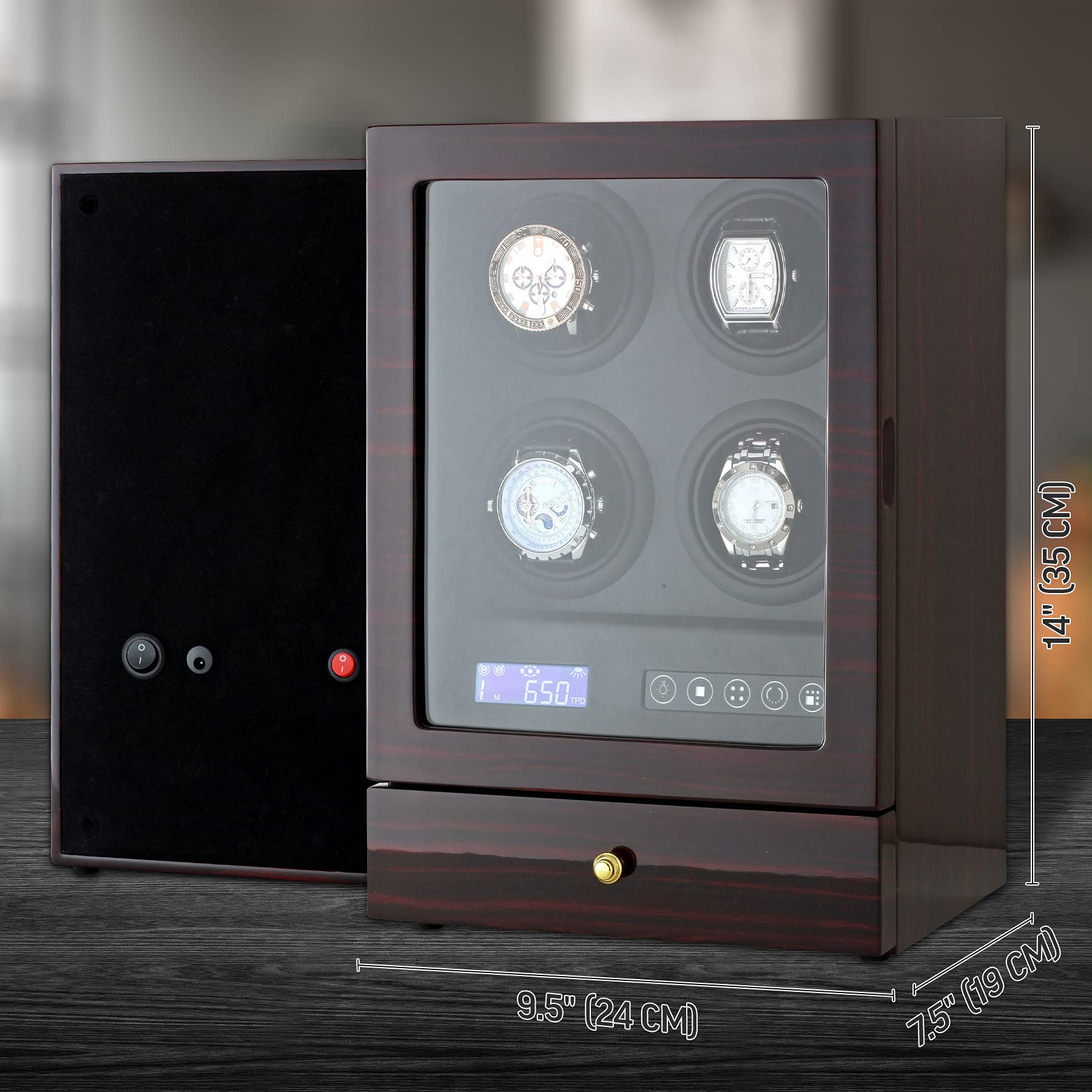 4 Watch Winder with LED Backlight, 2 Watches and Jewelry Storage Drawer, LCD Display and Remote Control