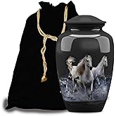 Forever URNS Adult Cremation Funeral Urn with Printed Classic 3 Horses Pictured Theme for Human Ashes of Female & Male | 200 cu in | Large | Greyish Blue | Handcrafted with Velvet Protection Bag