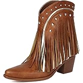 Women's Western Ankle Booties Pointed Toe Cowgirl Boots with Fringe Tassels or Sparkly Rhinestone Fashion Short Boots for Casual Daily Wear