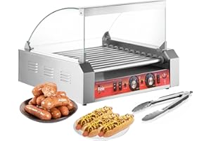 FIZIX 1700W Hot Dog Rollers,Stainless Steel Hot Dog Roller Machine with Dust Cover,11 Rollers 30 Hotdog Roller Grill,Hot Dog Machine with Dual Temp Control And Led Light/Detachable Drip Tray