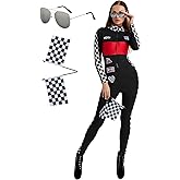 Maxim Party Supplies Women's Race Car Driver Costume, Black and Red Racing Jumpsuit with Checkered Pattern, Halloween Outfit