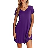 Ekouaer Nightgowns for Women Short Sleeve Sleepshirt V Neck Short Nightshirt Pullover Soft Ruffled Sleepwear S-XXXL