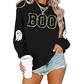 BINLANHANAT Halloween BOO Sweatshirt Women Ghost Chenille Patch Sweatshirts Spooky Season Fall Embroidered Pullover Top
