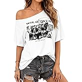 Hilinker Women's Graphic Off The Shoulder Tops Asymmetrical Short Sleeve Oversized T Shirts